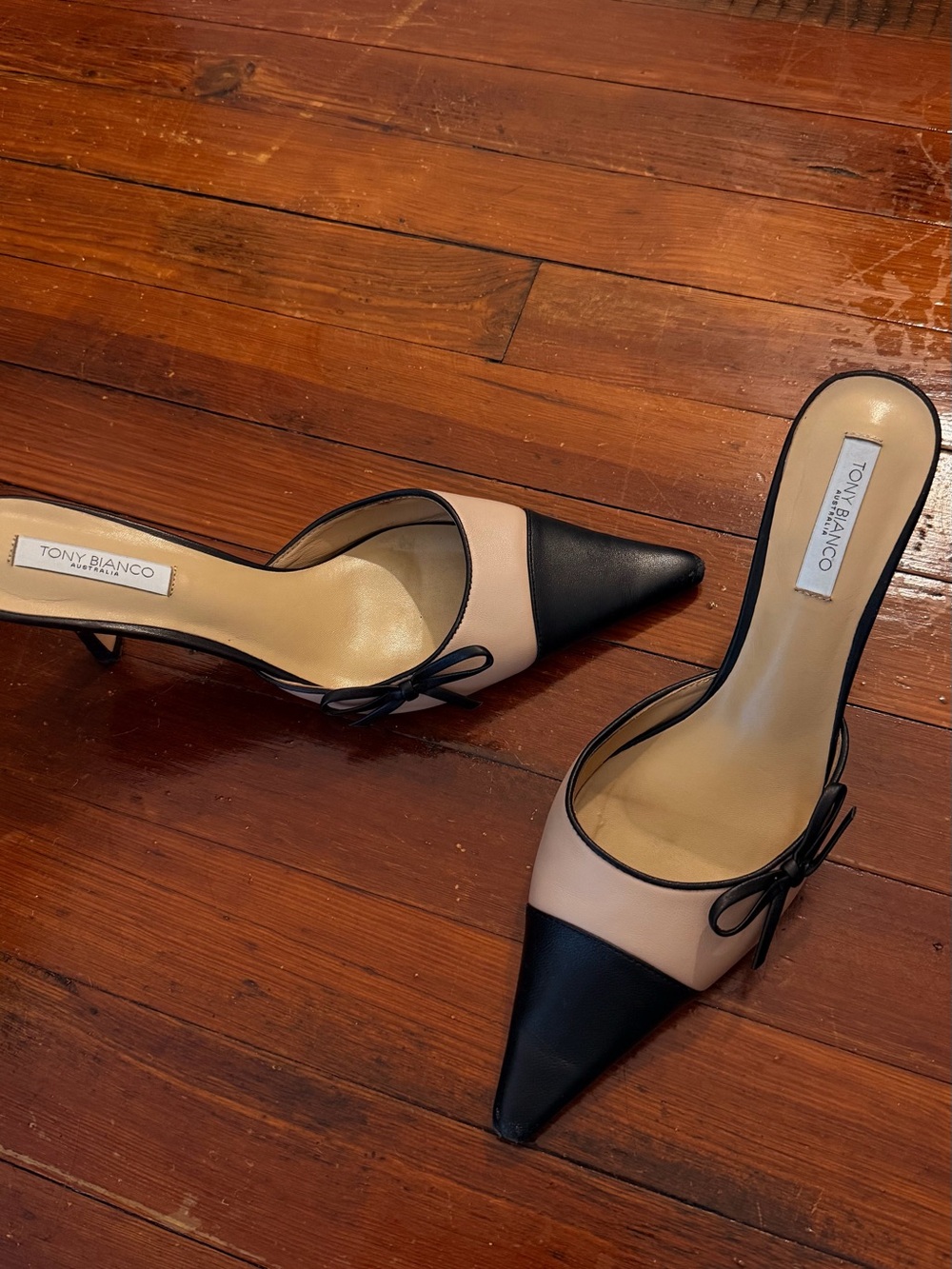 Tony Bianco Black and Beige Pointed Toe Bow Mules